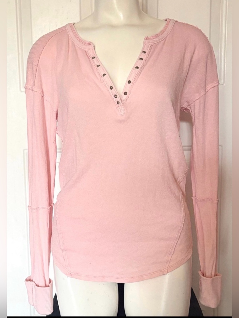 Cotton thermal top, We The Free by Free People, long sleeve pink henley Large
